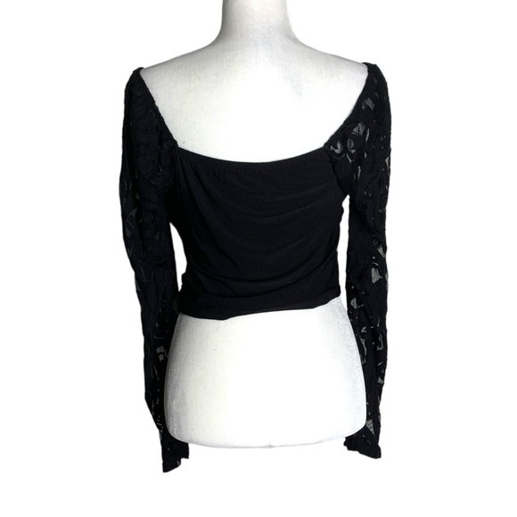Black Lace Long sleeves Ruched Crop Top Off Shoulder - Picture 5 of 6